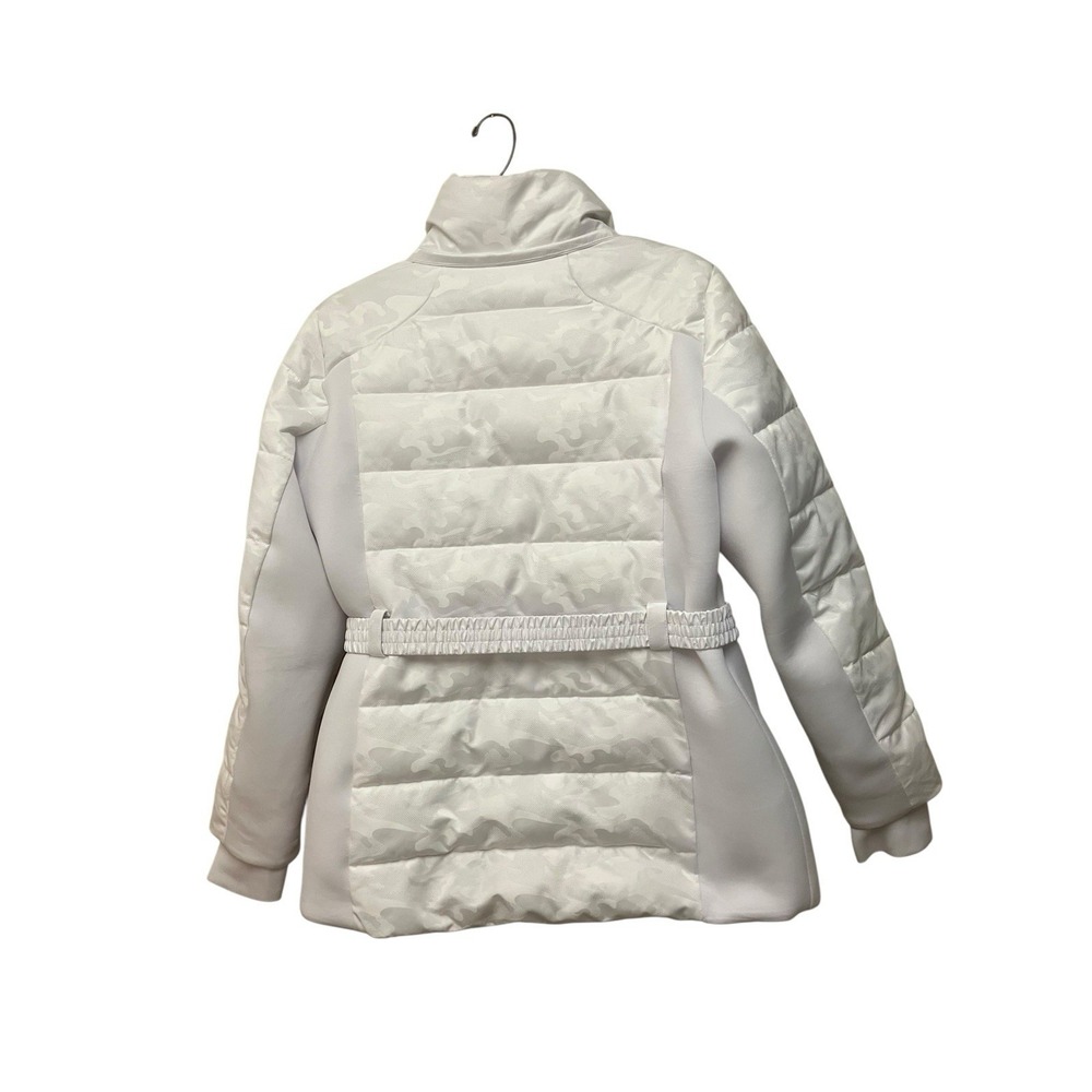 Michael Kors Puffer Jacket Detachable Hood MK Belt Camo White Faux Fur Trim Logo - Picture 3 of 14